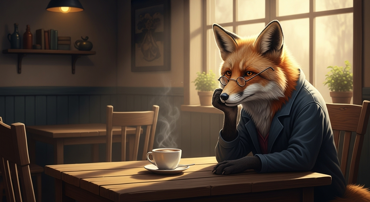 Ein Fuchs, der in einem Cafe sitzt