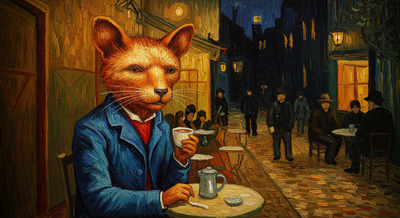 Ein Fuchs im Stil von Van Gogh, der in einem Cafe sitzt