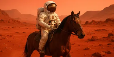 Ein fotorealistischer Astronaut reitet auf einem Pferd durch eine surreale, rote Marslandschaft 
