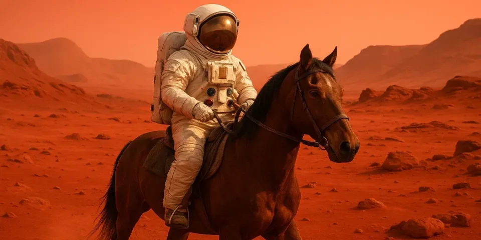 Ein fotorealistischer Astronaut reitet auf einem Pferd durch eine surreale, rote Marslandschaft